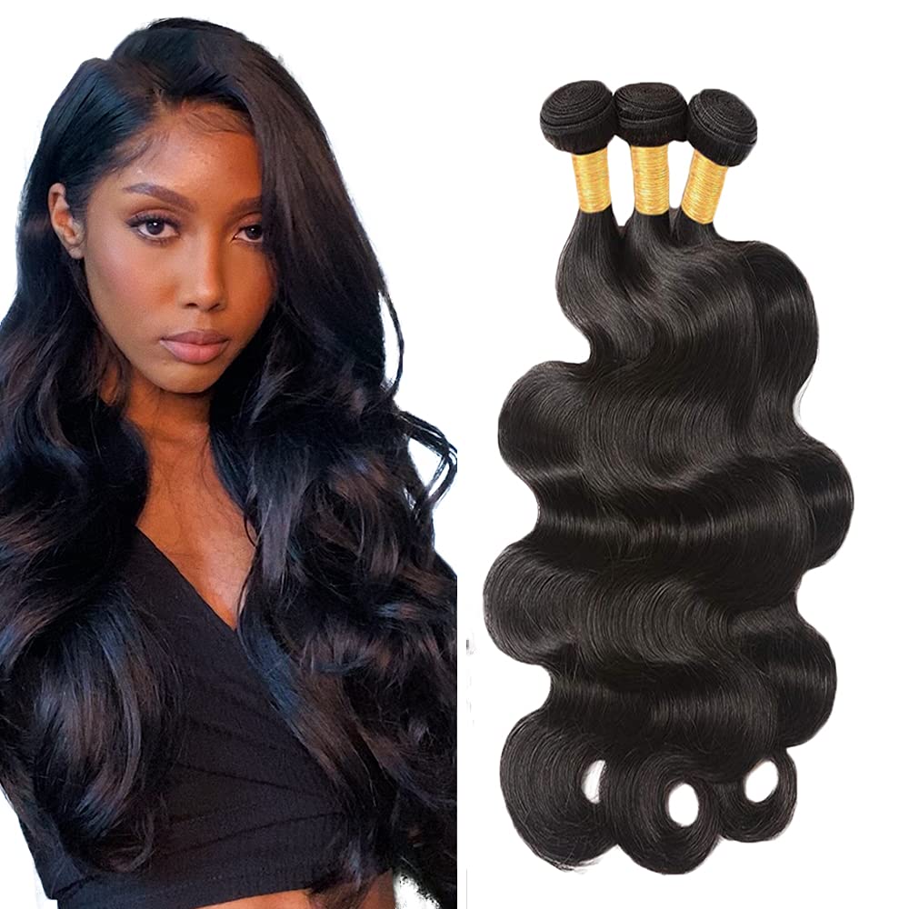 HeioWuio 26 28 30 Inch Body Wave Bundles Human Hair 3 Bundles Brazilian Remy Hair 50 Grams/Bundle Unprocessed Virgin Hairs #1B Natural Black Color Color Body Wave Bundle Weaves Extensions