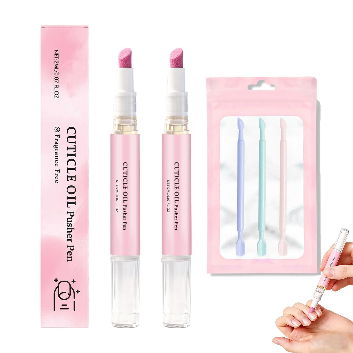 **Cuticle Oil Pusher Pen Set - 2PCS Pink Moisturizing & Brightening Tool | Leak-Proof Travel Size**