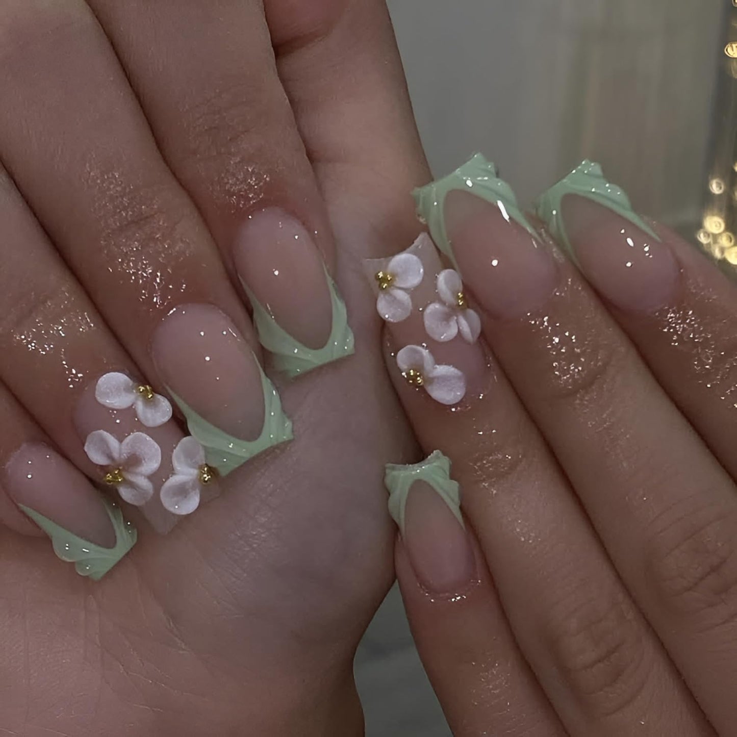 Medium Square Green French Tip Press-On Nails | Glossy Flower Design with Gold Rhinestones - 24 Pcs