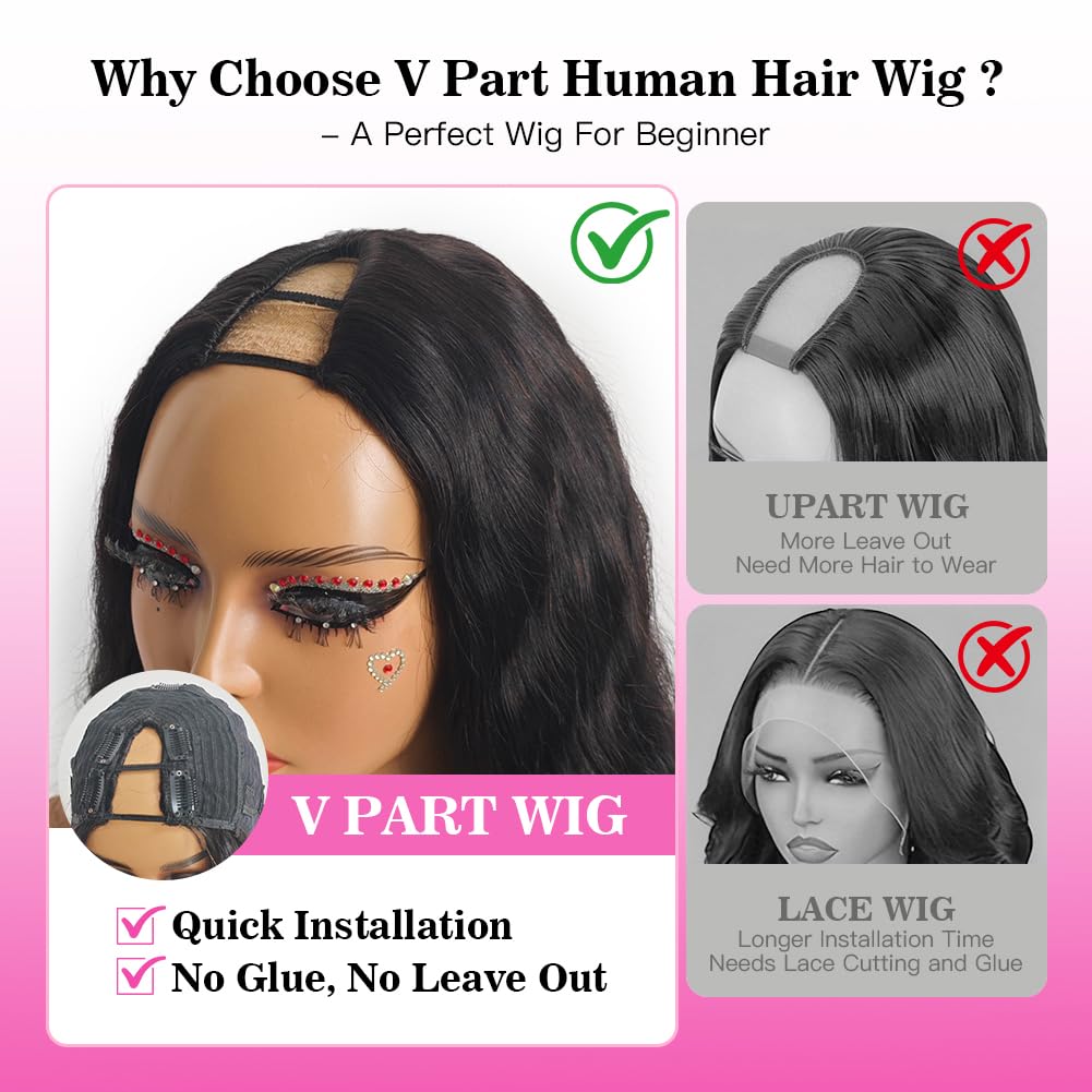 V Part Wig Human Hair Body Wave - 200% Density Glueless Clip-In Half Wig for Women | Natural Black 18 Inch