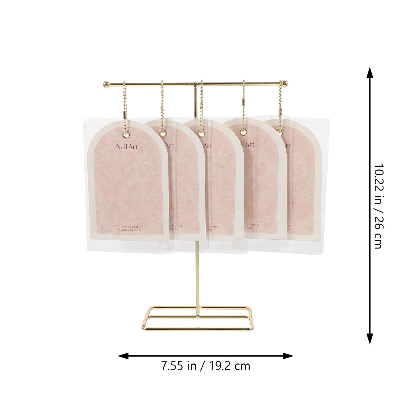 NOLITOY Nail Art Display Cards with Stand Fake Nail Display Holder for Press on Nails 5 Cards with Chains and Bags T-Shaped Rack for Salon Art Supplies