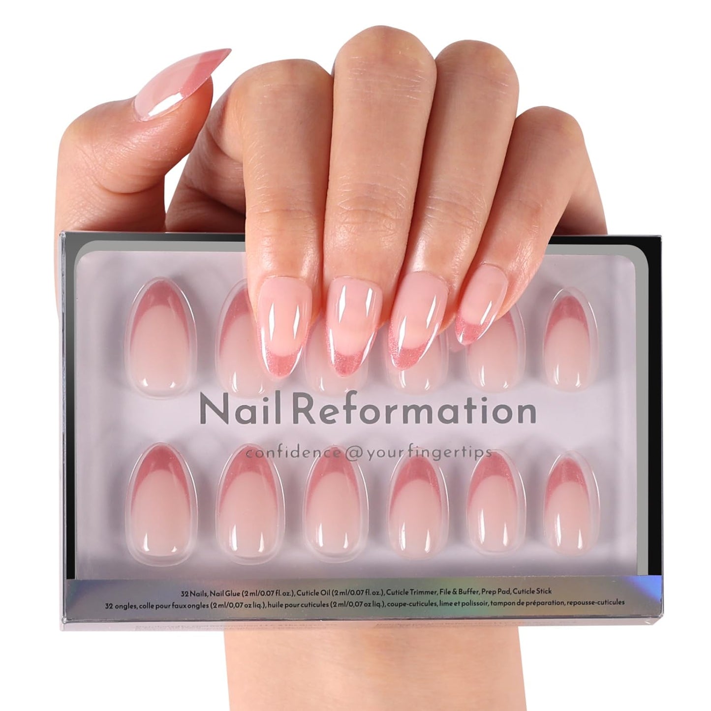 Press On Nails - Rose Gold Foil Medium Almond Fake Nails | Brown Blush Shimmer, Glossy Finish, Reusable - 30 Nail Kit with Glue, 15 Sizes