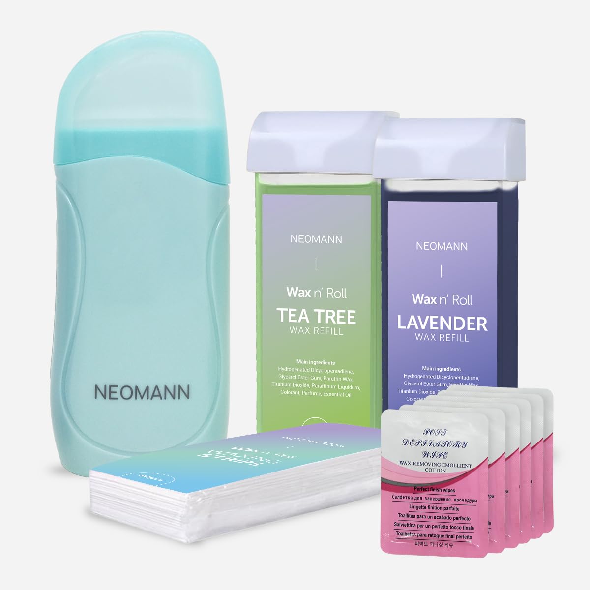 NEOMANN Roll on Wax Roller Kit for Hair Removal with Tea Tree, Lavender, 50 Wax Strips for Hair Removal - Torouflage, with 6 Post-Wax Treatments
