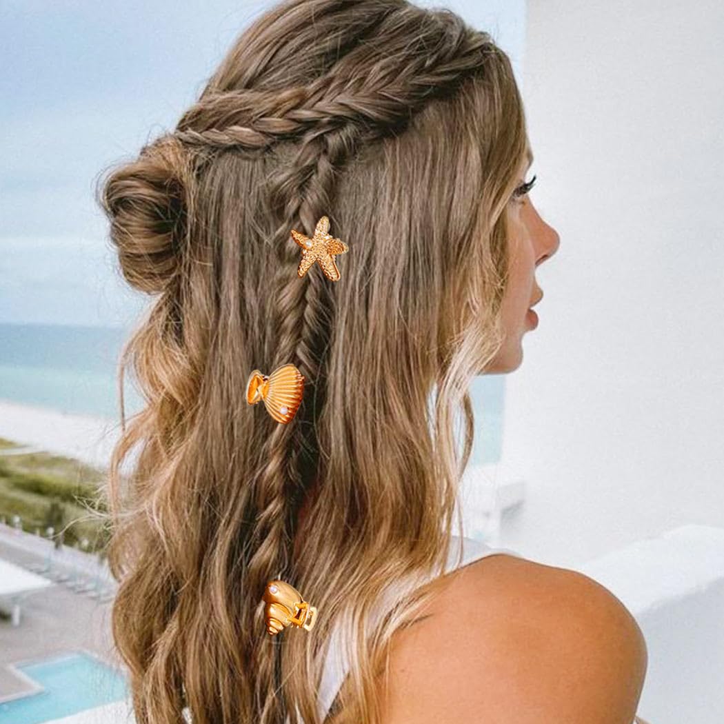 Banatra Starfish Hair Clips Gold Small Metal Claw Clips Mini Shell Beach Hair Accessories for Women and Girls (Pack of 3）