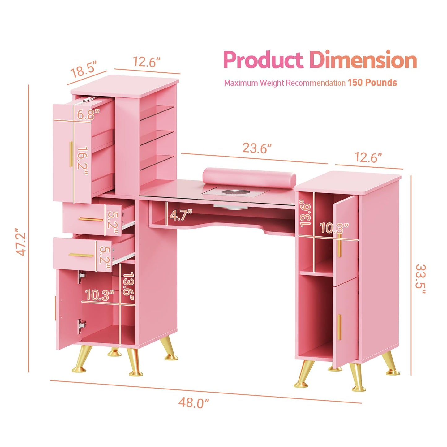 MOMOKOVA Manicure Table with Glass Top, Dust Collector and Storage, Display Shelves, 3 Drawers & 3 Cabinets, Nail Station Nail Desk Beauty Salon Workstation, Pink