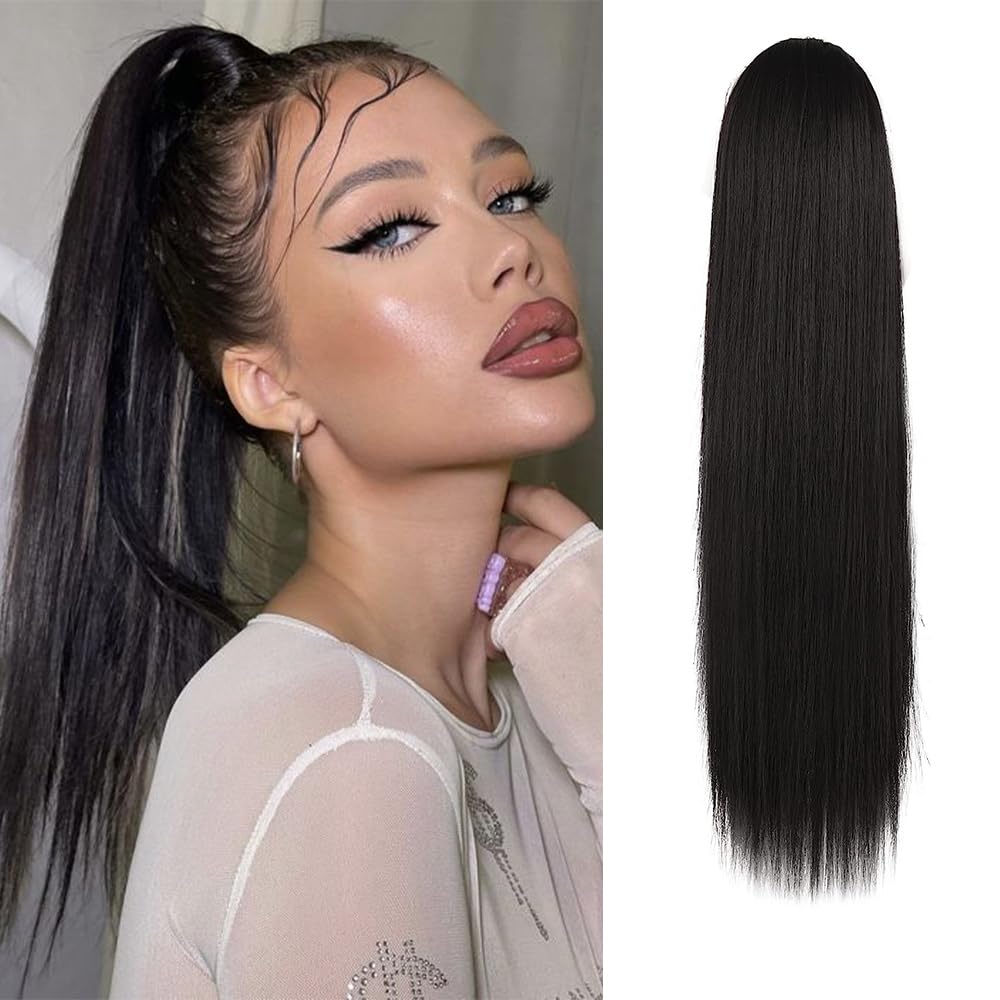 Long Straight Ponytail Extension - 26 Inch Brown Synthetic Clip-In Hairpiece for Women | Light Brown Mixed