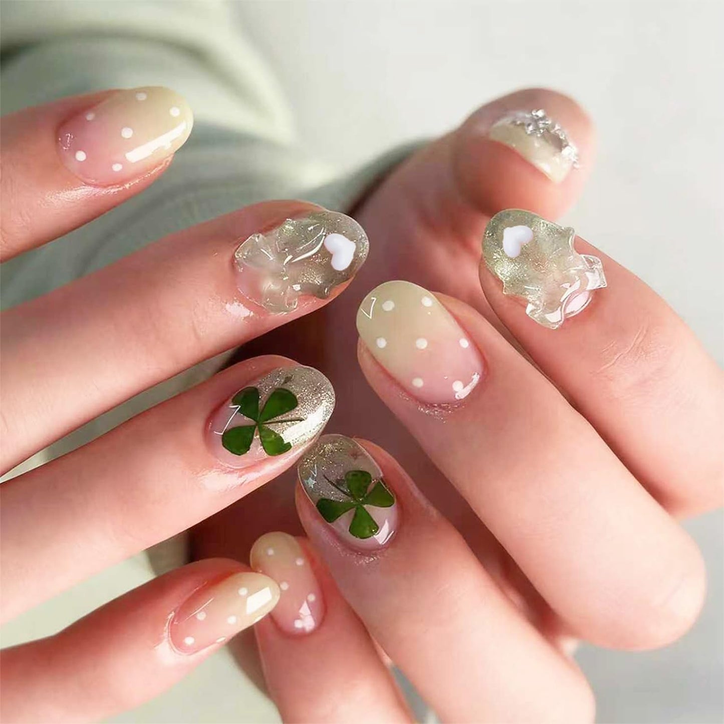 French Tip Press-On Nails - 24pcs Medium Almond with 3D Floral Gold Pearl Shell Designs | Summer Glitter Acrylic Full Cover
