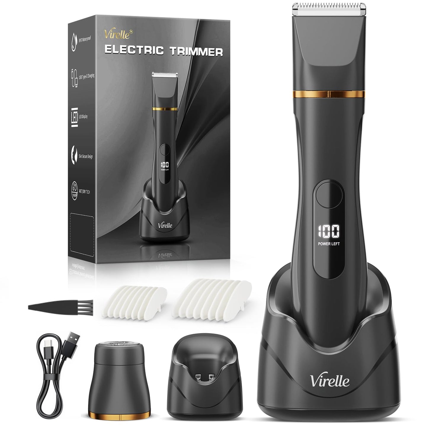 Virelle 2-in-1 Men Trimmer, Waterproof Shaver with 2 Replaceable Ceramic Blades, Body & Beard Grooming Kit, Black