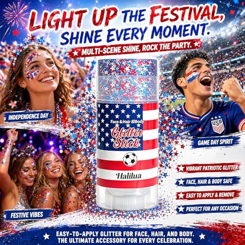 ZARICS Patriotic 4th of July Glitter Stick for Face & Body - Red White Blue Sequins, Hypoallergenic, Festival Makeup, Variation 02