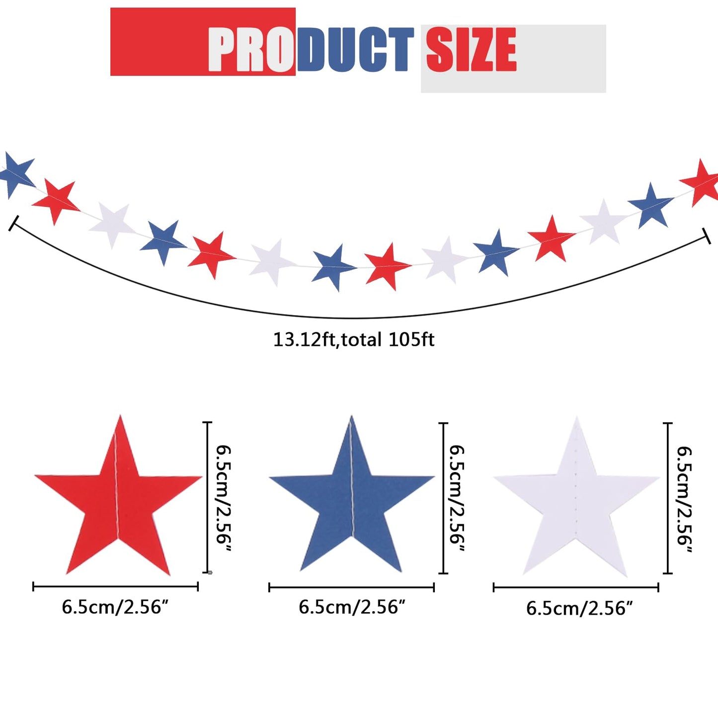BRIOYHA 105ft Red White Blue Paper Star Garland, 8 Strands Double Side Twinkle Stars for 4th of July Independence Day Patriotic Memorial Day Party Decorations