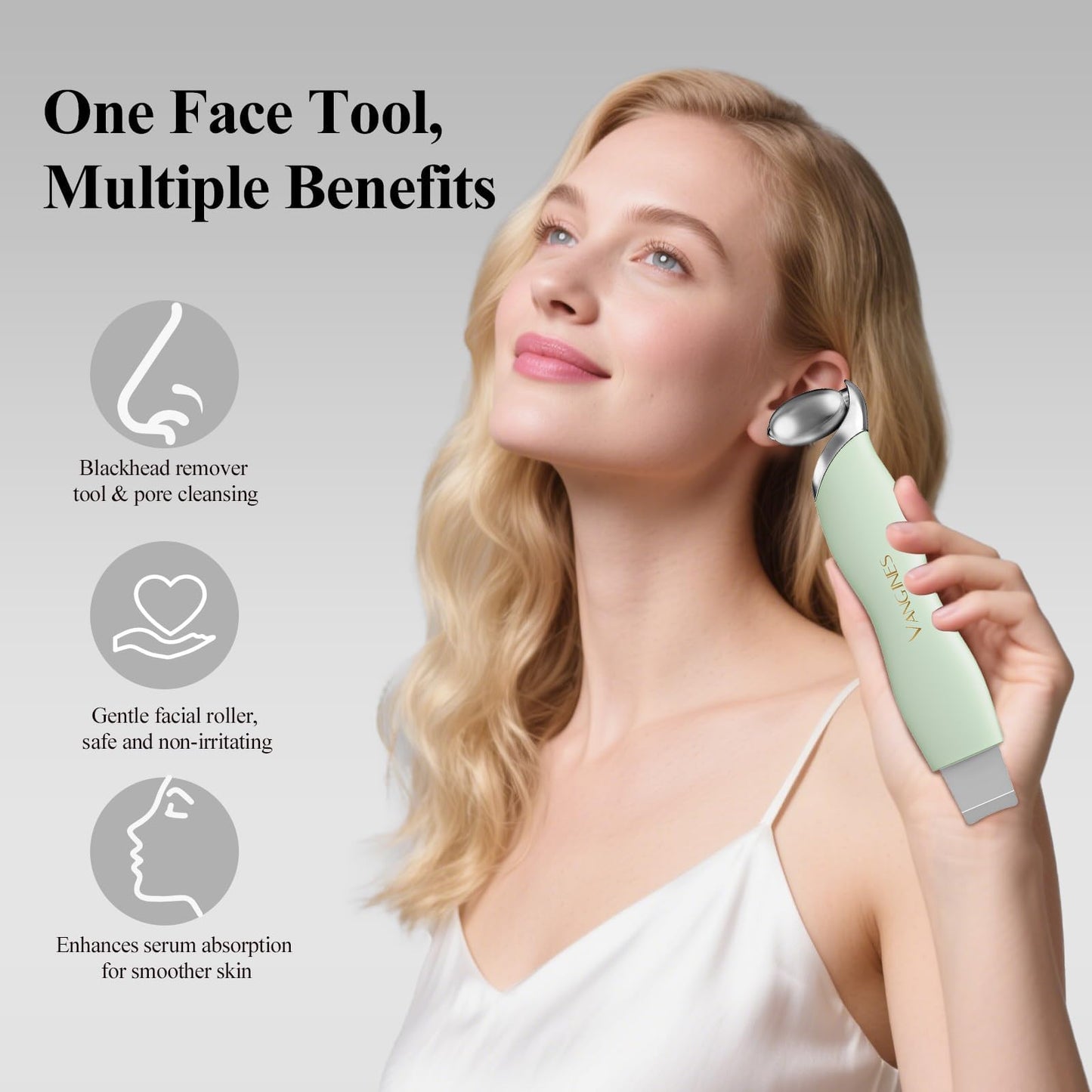 Vangines Blackhead Remover Tool with Ice Roller, Stainless Steel Face Scraper, Skin Scrubber Face Spatula for Deep Cleansing, 3-in-1 Skin Care Tool with 2 Silicone Brush Heads (Sage Mist)