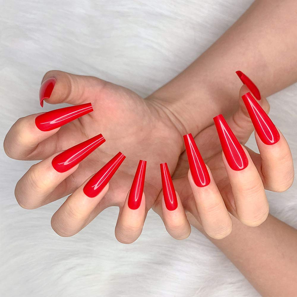 Ballerina Long Coffin Glossy Fake Nails - 24pcs Red Press-On Nail Tips for Women