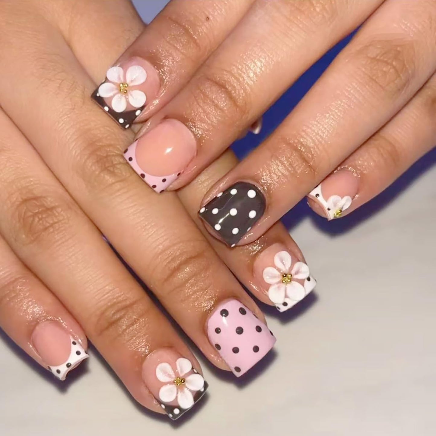 3D Blueberry Flower Press-On Nails - Medium Almond Shape with Pearl & Gold Beads | Reusable Glossy Blue French Tips for Summer Parties