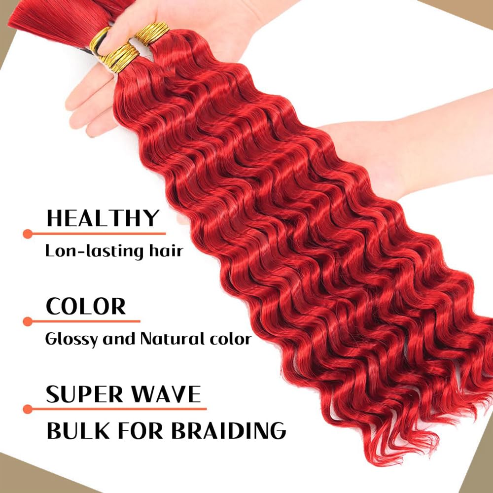 30 30 30 Inch Red Boho Human Hair Braiding Red Human Braiding Hair For Boho Braids Deep Wave Braids Bulk Bohemian 3 Bundles/Pack 150g