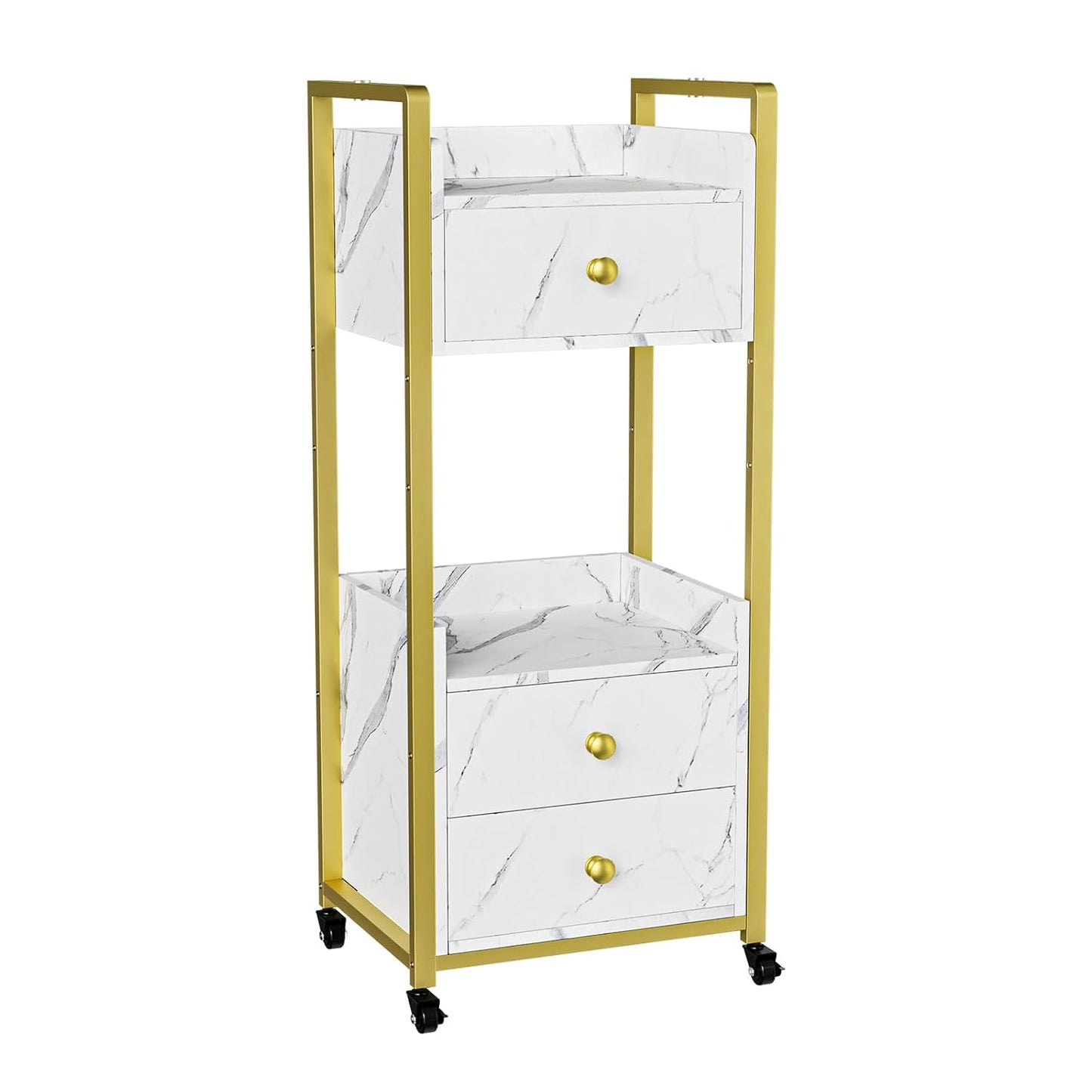 OmySalon Salon Trolley Cart - Mobile Beauty Spa Organizer with 3 Drawers & 2 Trays | White Marble Finish