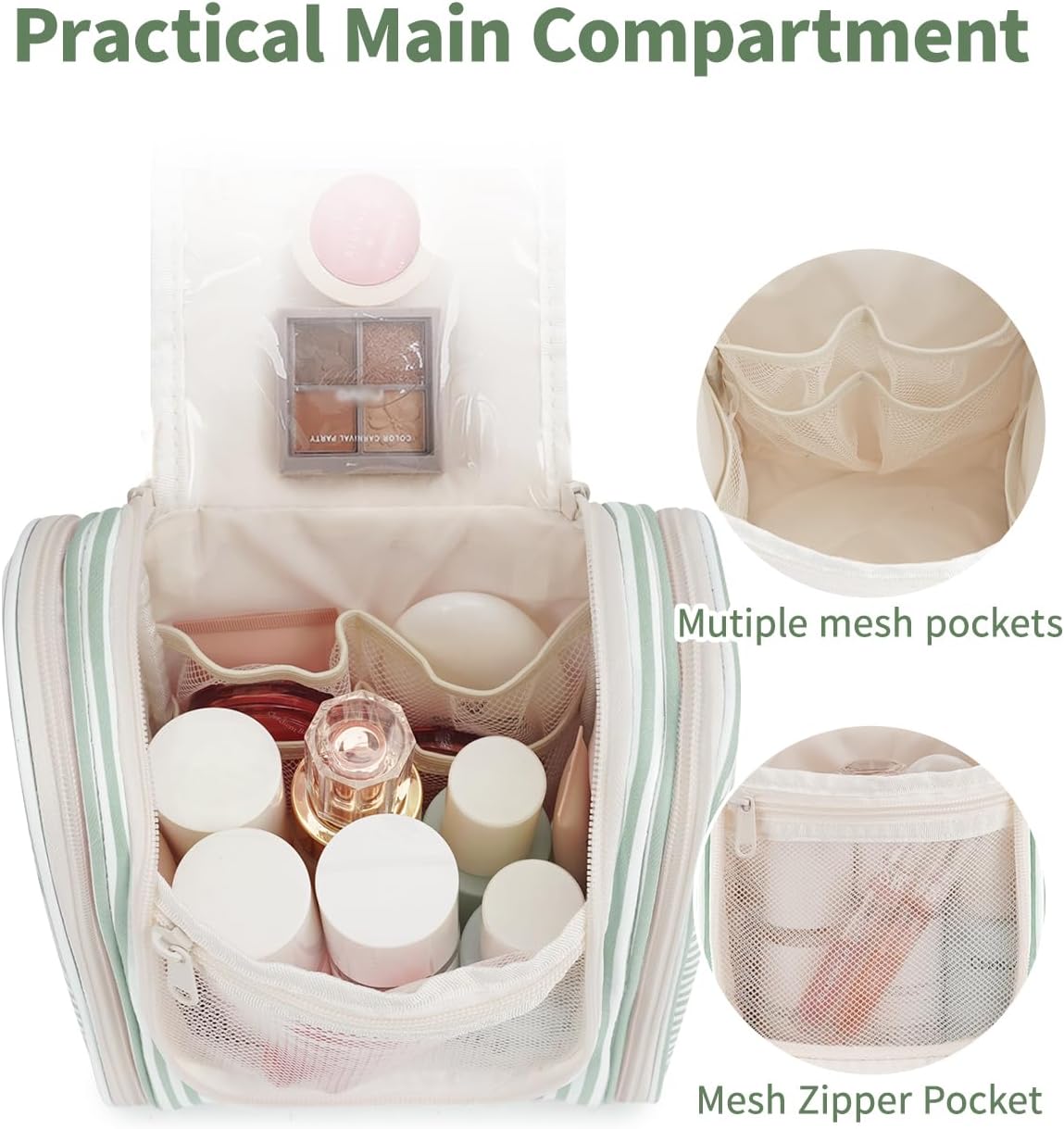 Narwey Travel Toiletry Bag - Small Striped Makeup Organizer for Women | Mint Green Stripe
