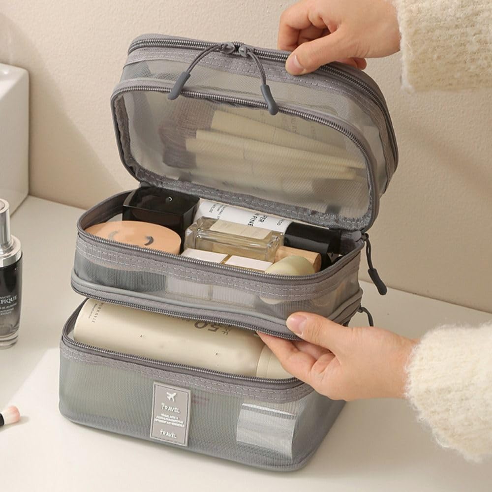 Mesh Cosmetic Bags 1/2/3 Layers Casual Wash Pouch Double-layer Storage Bag Portable Multifunctional(1 Layer Beige)