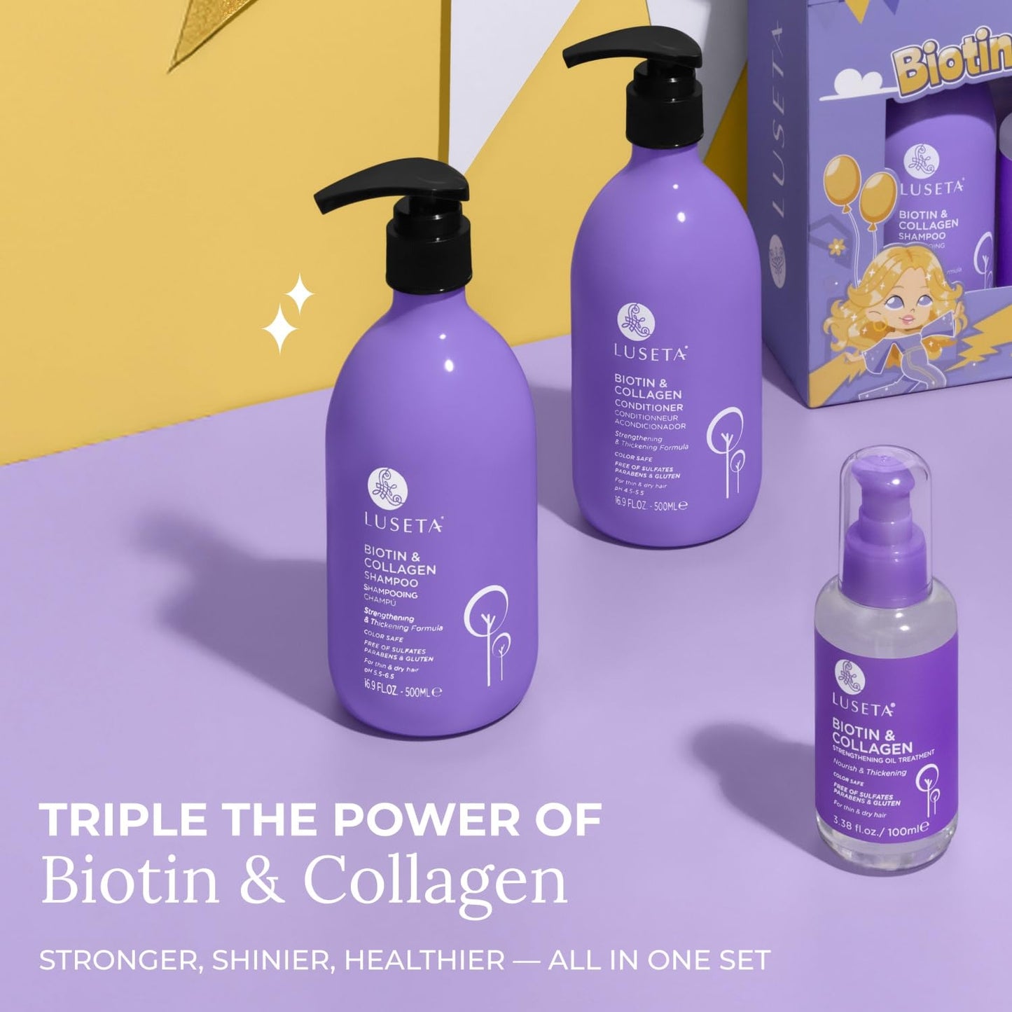 Luseta Biotin Trio Hair Care Set Moisturizing Shampoo and Conditioner Set 16.9 oz*2 and 3.38 oz Hair Serum Thickening for Thinning Damaged Dry Hair