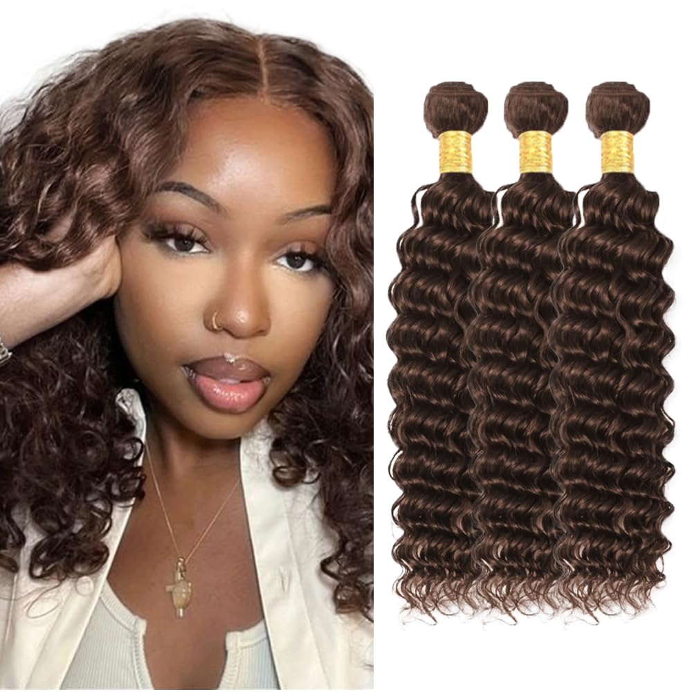 #4 Bundles Human Hair Brown Deep Wave Bundles 14 16 18 inch Brown Wet and Wavy Bundle Color 4 Human Hair Bundle