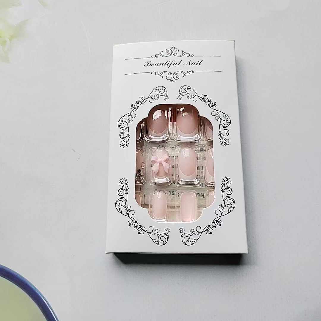 White French Tip Press-On Nails - 24 Pcs Medium Coffin Design with Bow Charms & Rhinestones | Pink Acrylic Full Cover