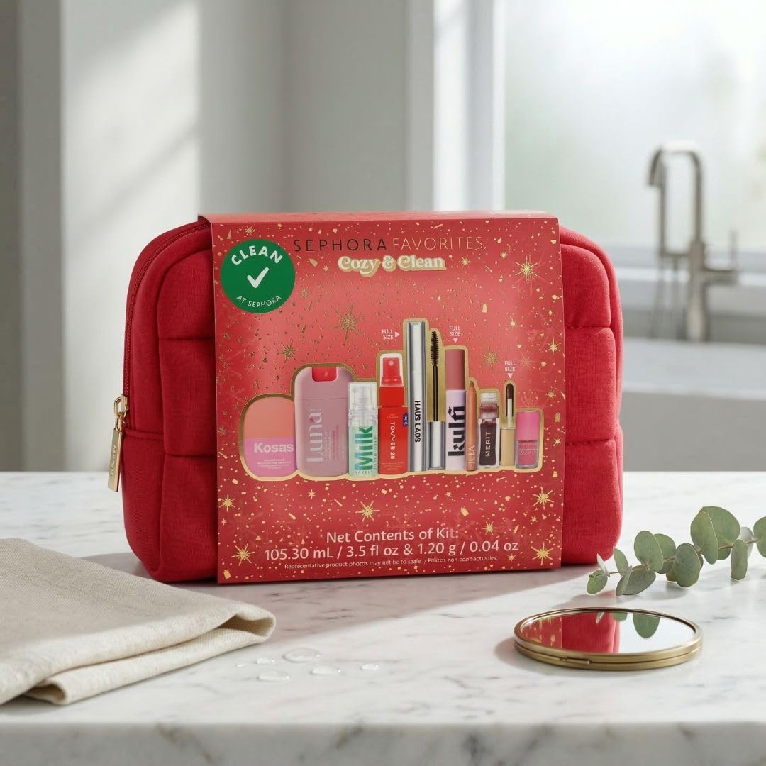 Cozy & Clean Makeup Holiday Gift Set | 9 Clean Beauty Essentials, Lip, Primer, Mascara & Skincare