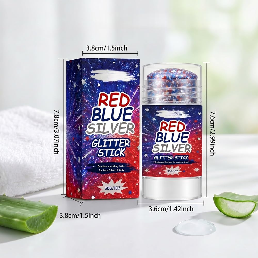 4th of July Glitter Stick, Patriotic Red White and Blue Face Body Hair Glitter Stick, 4th of July Accessories Sparkling Glitter Makeup for Fourth of July Outfits Independence Day Memorial Day (1, #B)