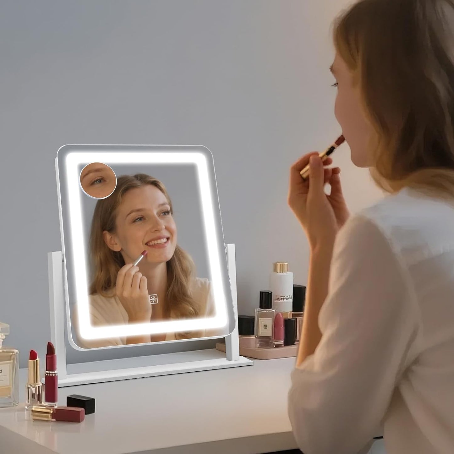 LED Makeup Mirror with Lights - 15" x 12.2" Dimmable Vanity Mirror with Smart Touch & 3-Color Lighting | 360° Rotation, White
