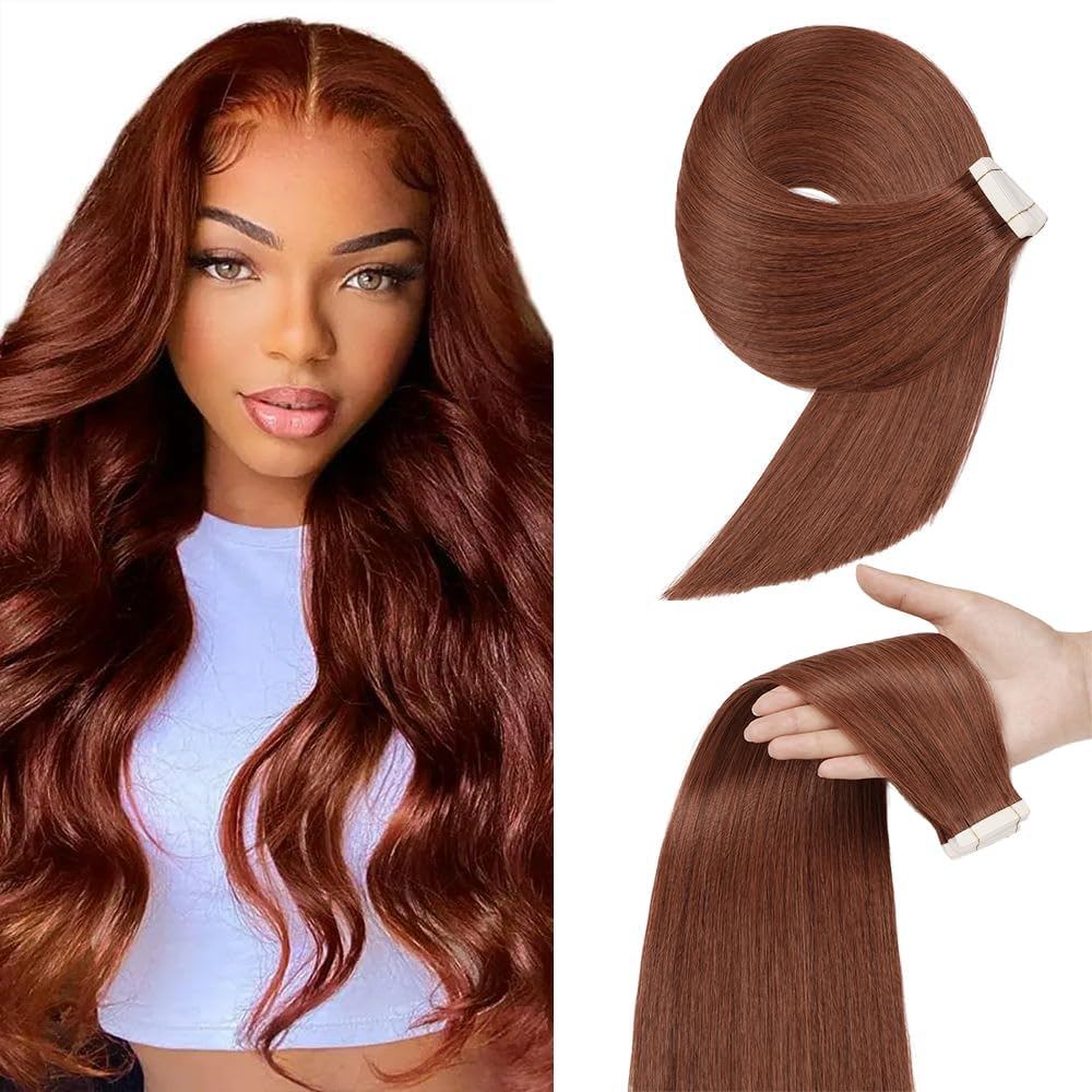 20 Inch #33 Reddish Brown Tape in Extensions Human Hair Copper Straight Tape ins Hair Extensions Auburn Brown Hair Skin Weft Remy Hair 40g 10Pcs.
