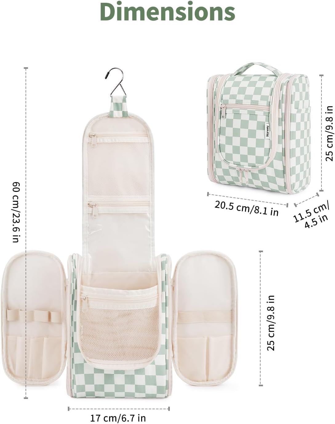 Narwey Hanging Travel Toiletry Bag - Checkered Makeup Organizer for Women | Mint Green Checkerboard Design