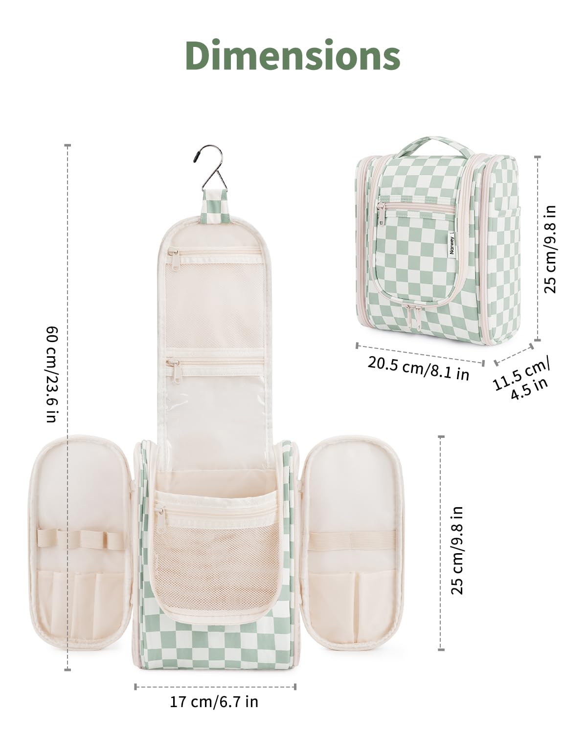 Narwey Hanging Travel Toiletry Bag for Women, Travel Bag for Toiletries, Checkered Makeup Bag Organizer, Cosmetic Make Up Bags for Travel Size Essentials, Skincare, Brushes (Mint Green Checkerboard)
