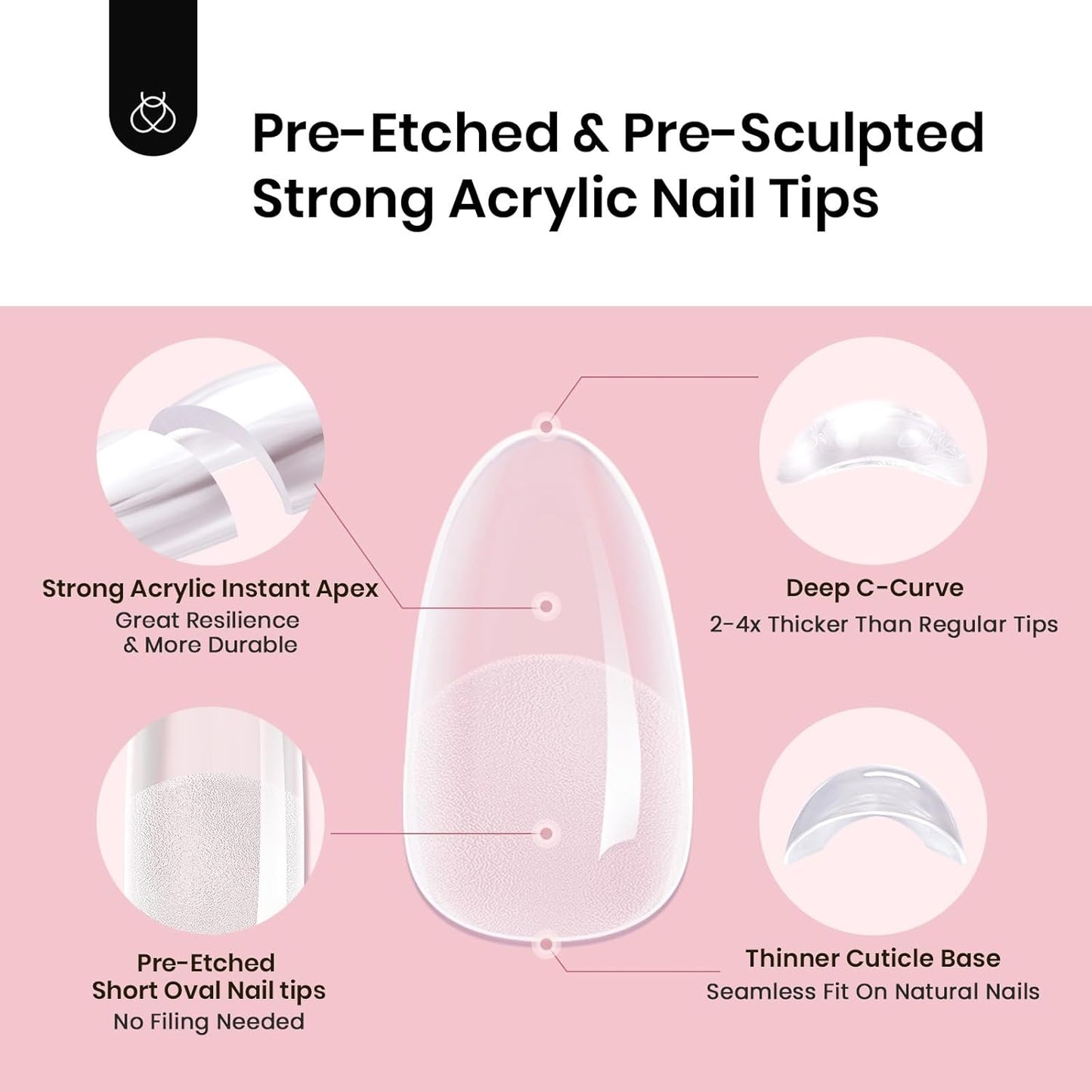 Beetles Instant Apex Nail Tips - Short Oval Acrylic Extensions | 192 Pcs, 16 Sizes 00-14, No Builder Gel Required