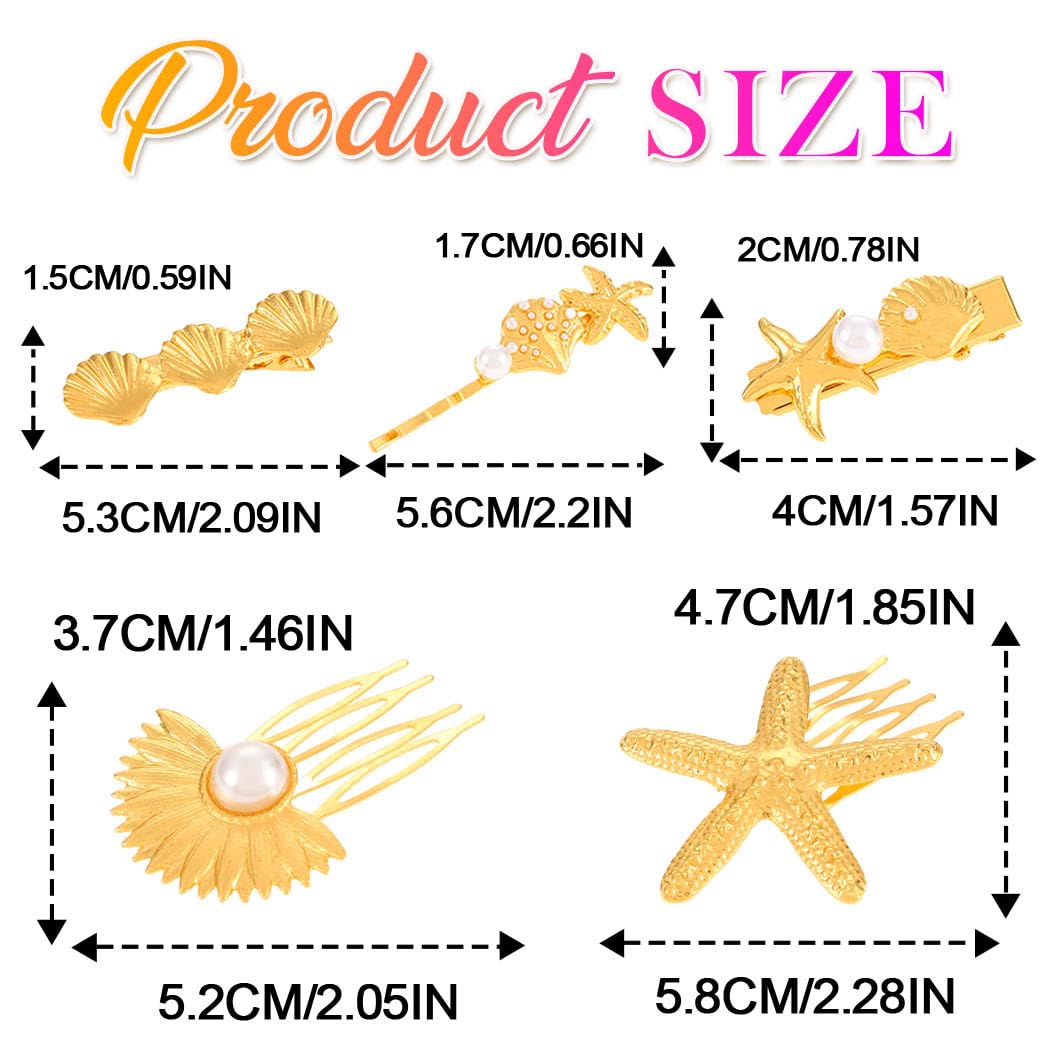 BARTOSI Shell Hair Clips Gold Starfish Hair Pins Decorative Hair Combs Hair Accessories for Women and Girls (Pack of 5)