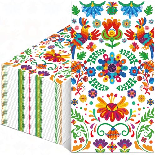 Mexican Fiesta Paper Napkins - Pack of 50, Colorful Floral Design, 13x15.7 Inches