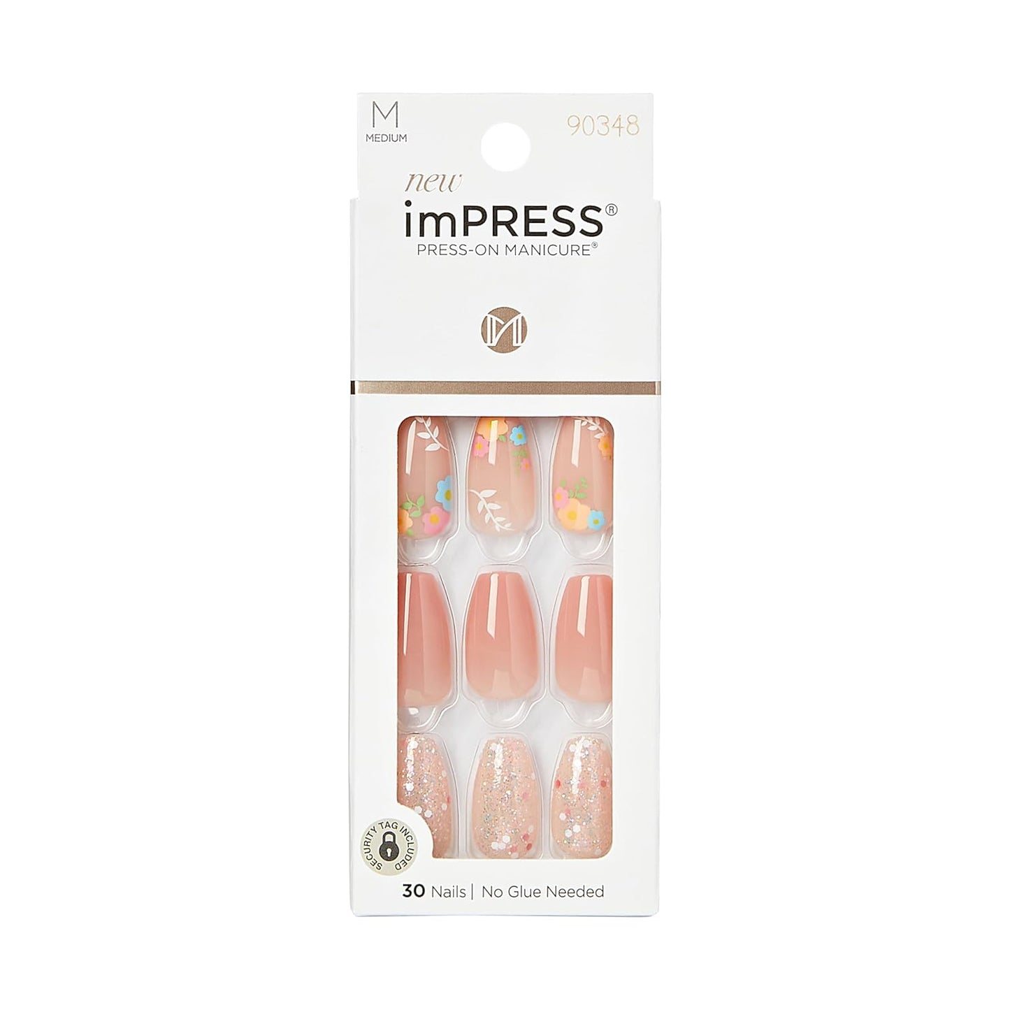 KISS Impress Press-On Manicure - Medium Coffin Shape Fake Nails, Nude Pink with Floral Design | Includes Prep Pad & Mini File