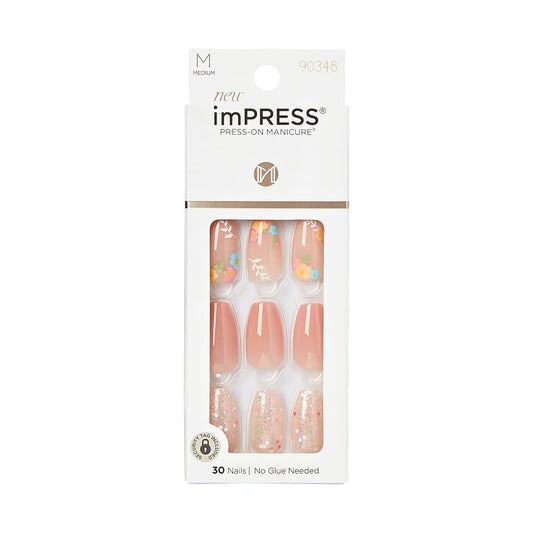 KISS Impress Press-On Manicure Fake Nails, Hokey Pokey - Medium Length, Coffin Shape, Polish-Free Nude Pink with Flower Design Mani, Includes Prep Pad, Mini File, Manicure Stick, and 30 Fake Nails