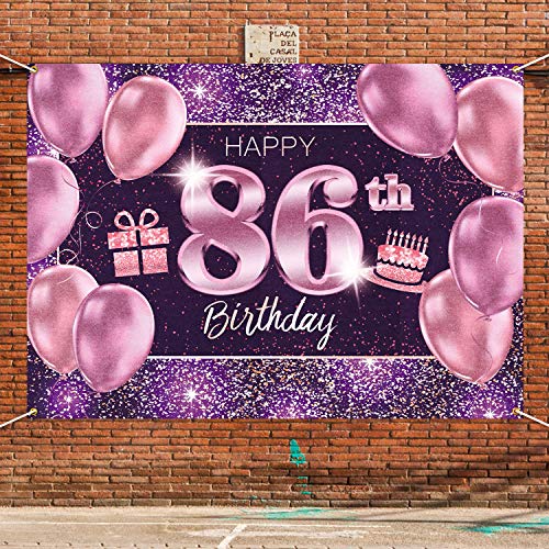 86th Birthday Banner Backdrop - Pink Purple Gold 4x6ft Party Decor