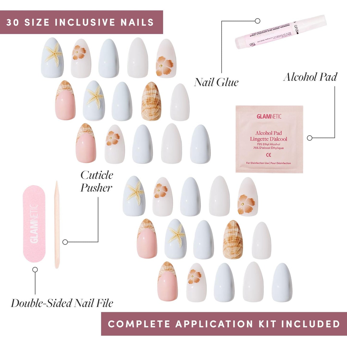 Glamnetic Press On Nails - Sea Star | Short Almond Seashell Fake Nails with 3D Nail Art, Salon Quality | 15 Sizes - 30 Nail Kit with Glue