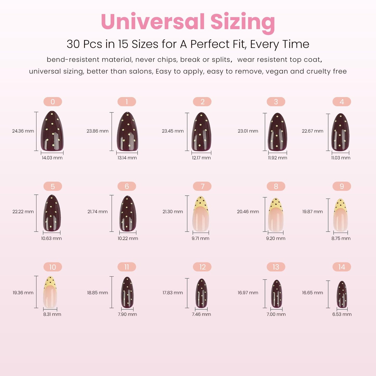 Nail Reformation Press On Nails, Polka Dot French Tip Medium Almond Fake Nails in Chocolate Cream Nude with Glossy Finish, Reusable Stick On False Nails in 15 Sizes - 30 Nail Kit, Gifts for Women