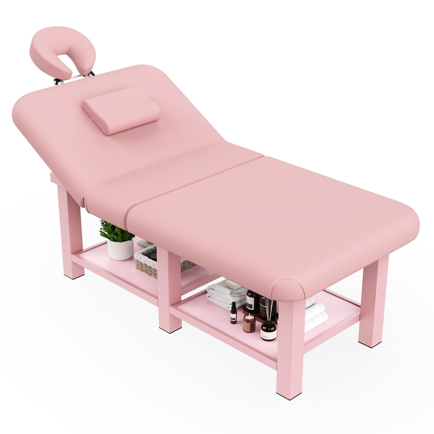 Extra Large 40in Width × 80in Length Folding Stationary Massage Table with Adjustable Backrest, Heavy-Duty Metal Frame for Spa, Physical Therapy, Tattoo, Medical Exam Use, Big-Boned Person - Pink