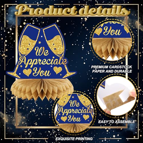 12 Pcs Thank You Honeycomb Centerpieces - Blue & Gold Table Decorations