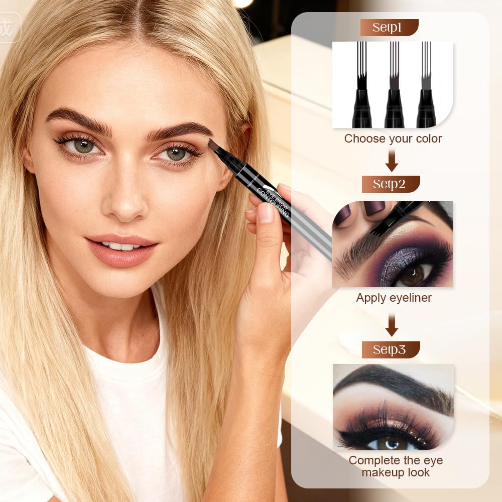 Waterproof Eyebrow Pencil - Four Tip Micro Fork Design for Natural Contouring | 2-Pack Black
