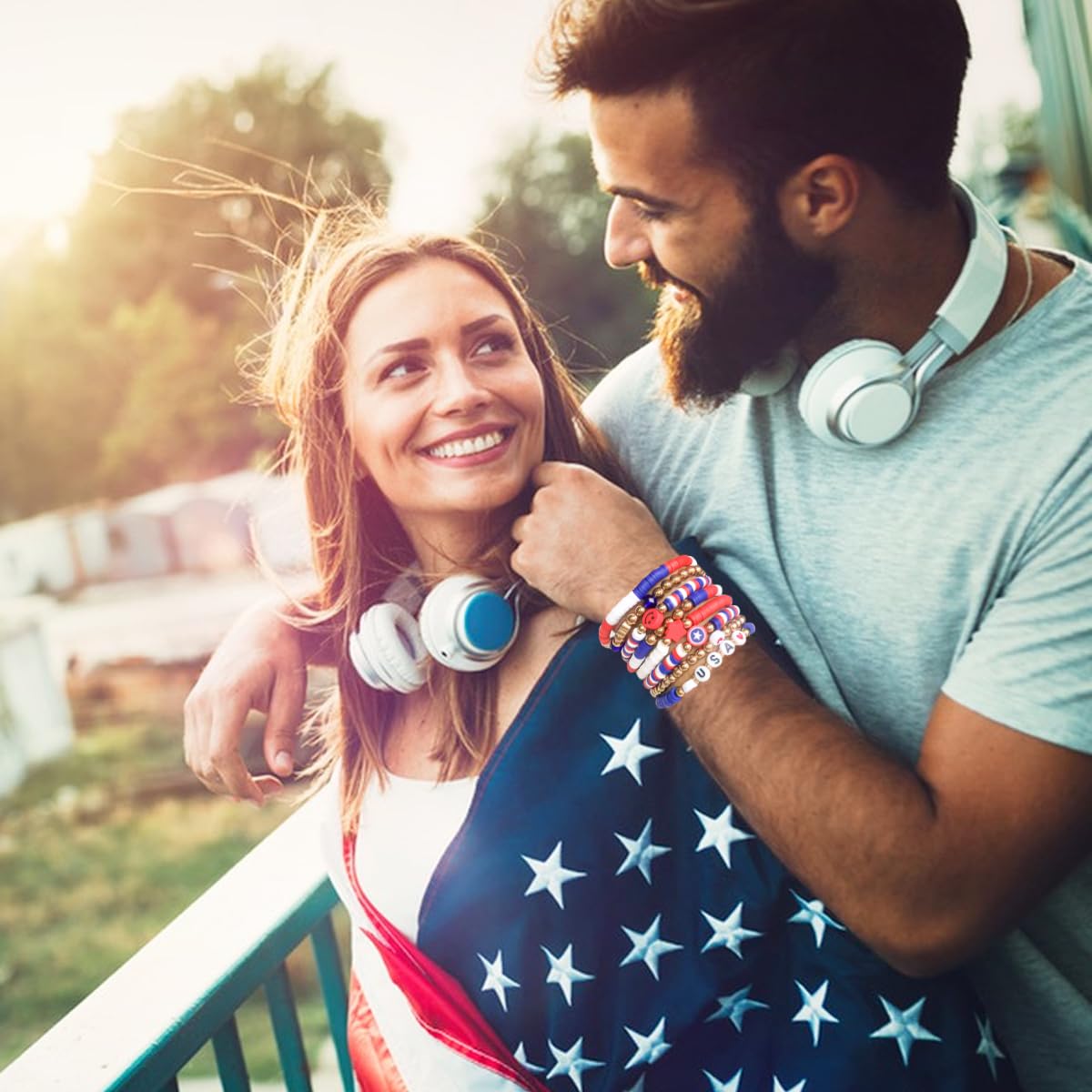 lakayfimily 250 Anniversary USA Merchandise 4th of July Outfits for Women Men Teens Red White Blue Clay Beaded Stretch Bracelets USA Patriotic Jewelry 4th of July Accessories