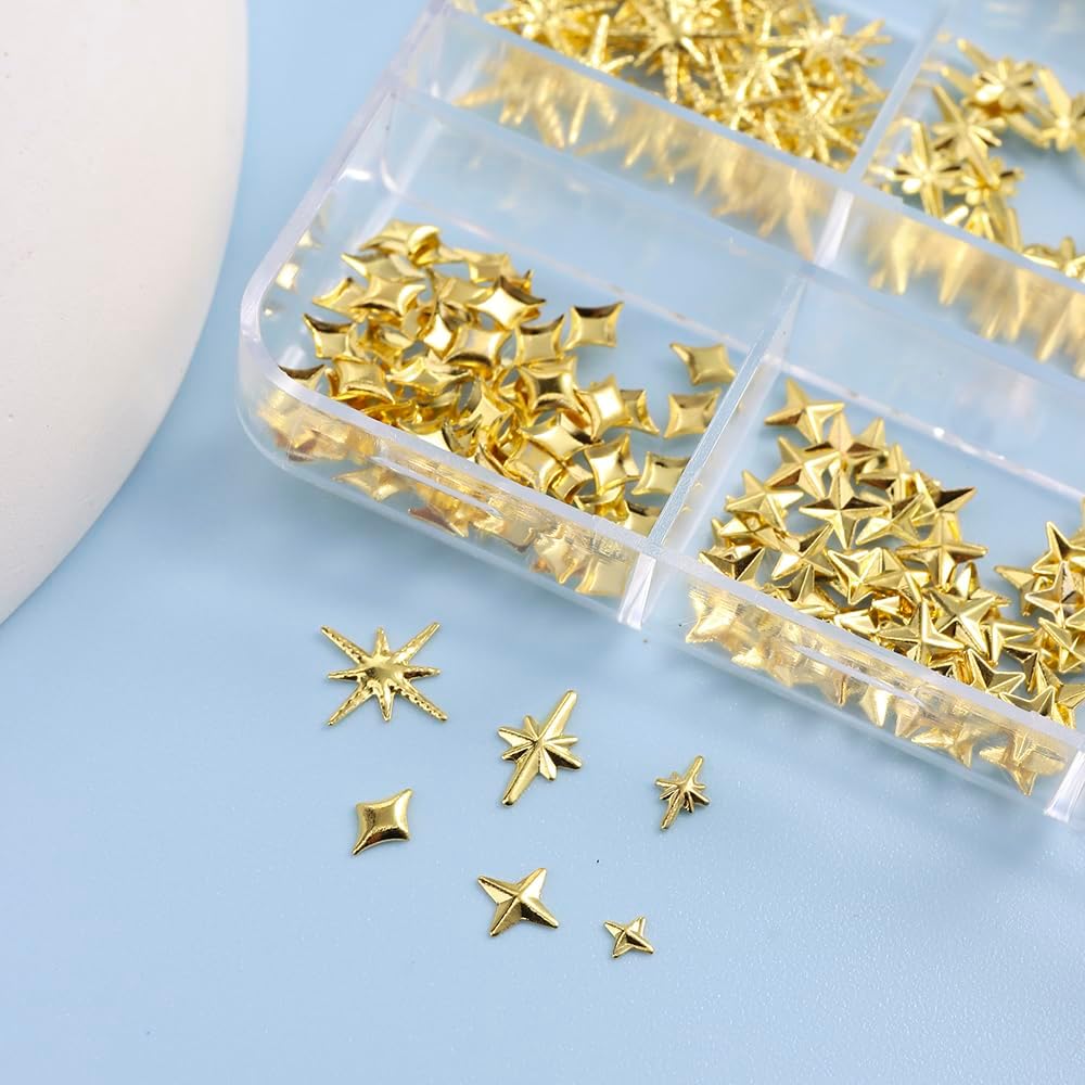 3D Star Nail Art Charms - Gold Metallic Studs & Rhinestones | Mixed Styles for DIY Manicure Supplies