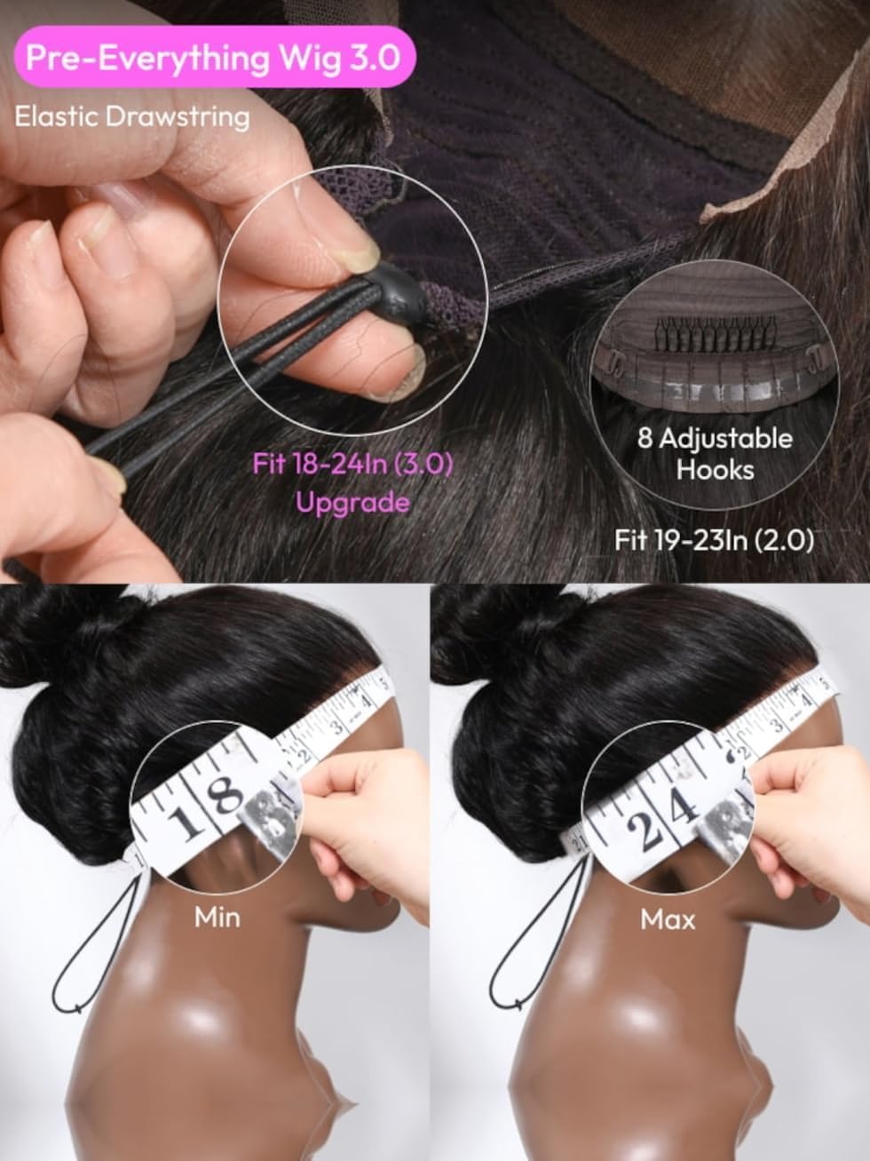 UNICE Body Wave Human Hair Wig with Wispy Bangs, Glueless 7x5 Lace Front Wig Pre Cut Pre Plucked Bleached Knots, Beginner Friendly Ready to Wear Drawstring Wig, Natural Black 180% Density 22 Inch