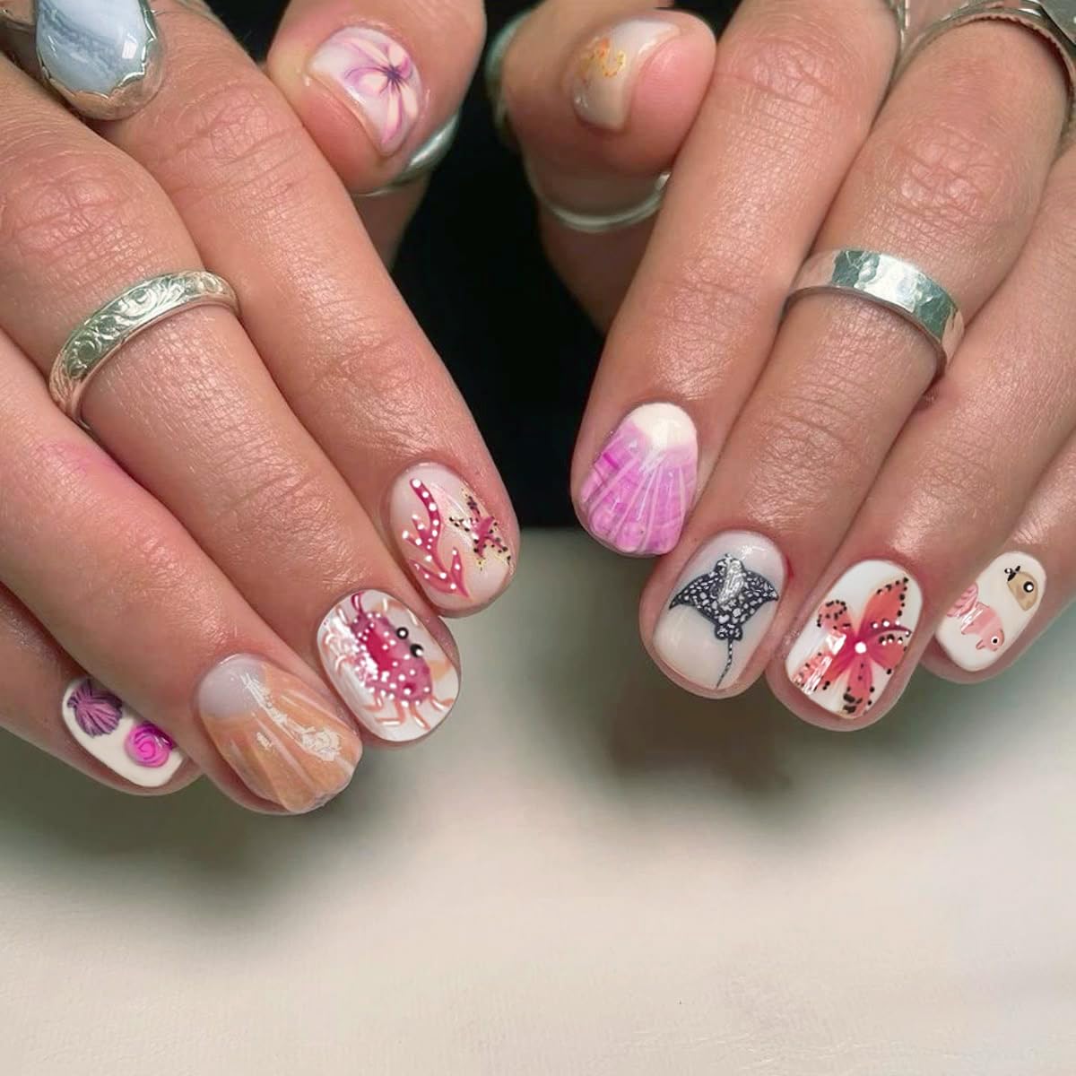 Press On Nails - Glossy Marble Medium Almond with 3D Flower & Gold Star Charms | 30 Pcs, Reusable for Ocean Beach Manicure