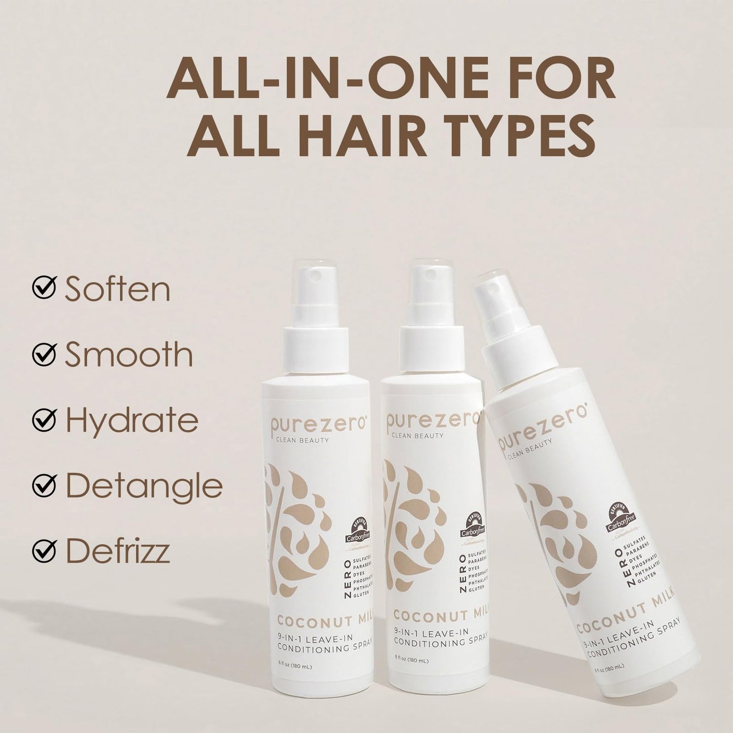 Purezero 9-in-1 Leave-In Conditioner Spray 6 oz – Multi-Action Hair Treatment for Moisture, Detangling, Frizz Control, Heat Protection, and Shine