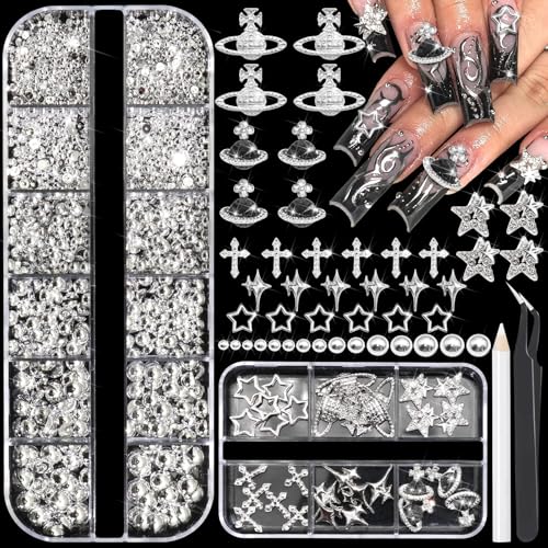 BELICEY 2 Boxes 3D Nail Charms & Silver Pearls Assorted Kit – Stars, Cross, Planet, Saturn Charms