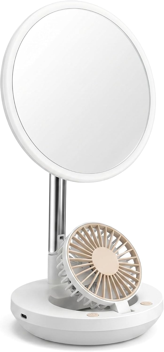 LED Makeup Mirror - 3-in-1 Rechargeable Vanity Mirror with Fan & Ring Light | 3 Color Modes, Stepless Dimming, Portable (White)