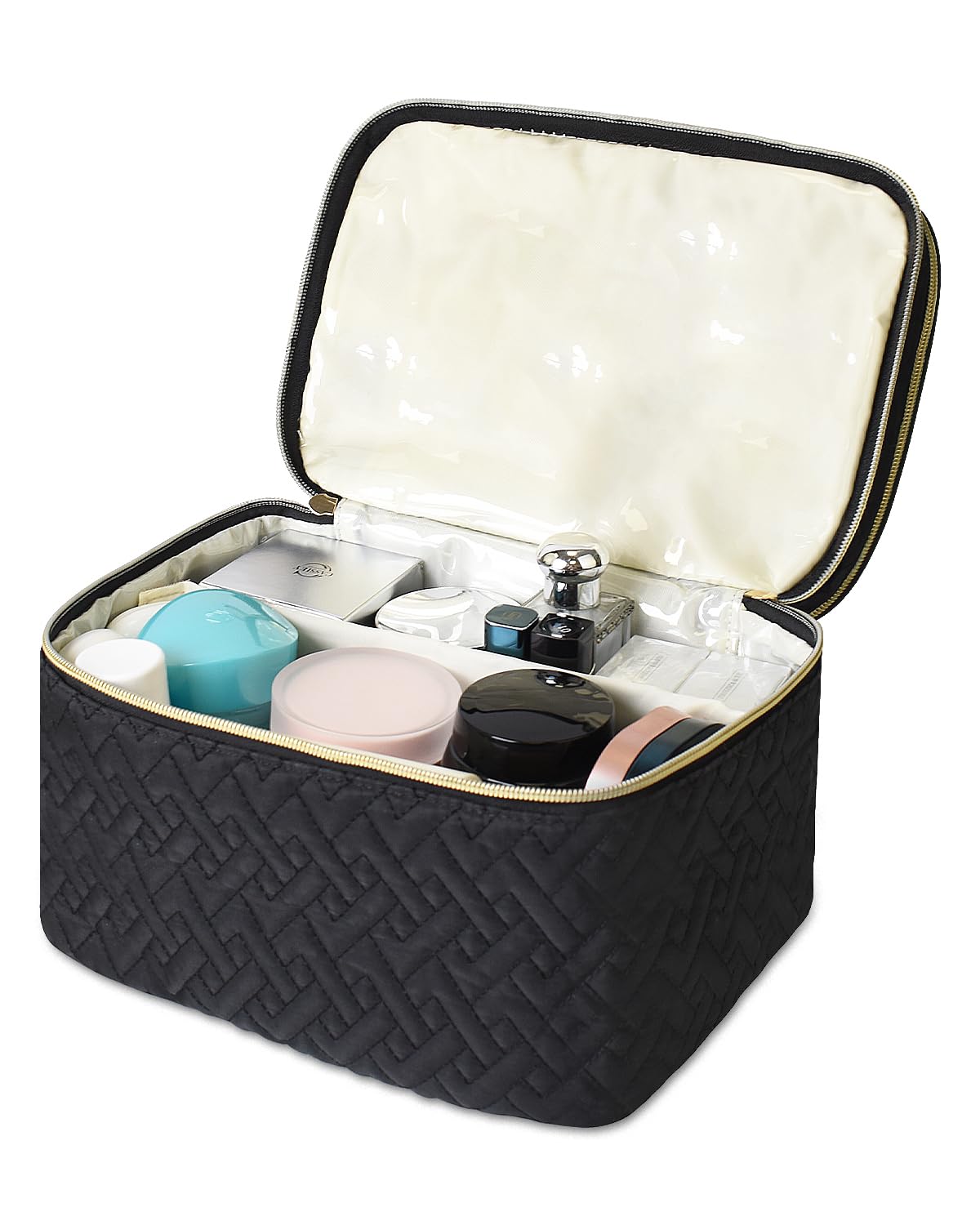 Loyzcy Makeup Bag Organiser for Women, Large Double Layer Cosmetic Make Up Bag with Brush Compartment, Portable and Water-Resistant Toiletry Bag Travel Essentials, Black