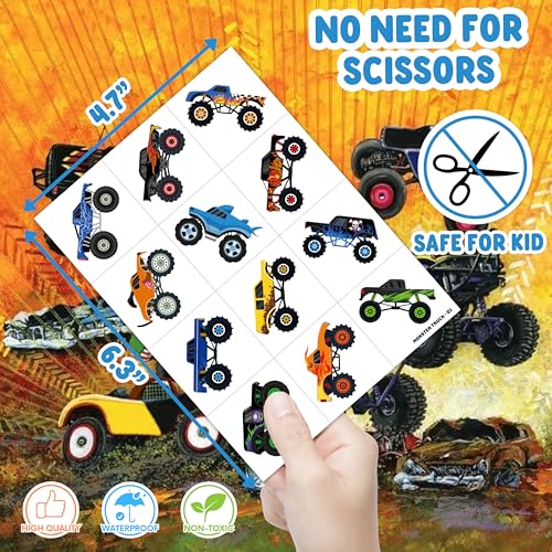 120 PCS Monster Truck Race Car Pre-Cut Temporary Tattoos for Kids | Super Cute Themed Birthday Party Favors, Supplies, Decorations, Fake Tattoo Stickers, Rewards & Gifts for Boys Girls